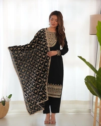 Azorte Fashion Buy Pure Vichitra Silk Kurta Set with Embroidered Dupatta – Elegant & Ready to Wear - Black, XXL (44)