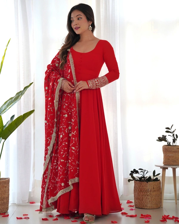 Azorte Fashion Luxury Georgette Anarkali Gown with Dupatta & Pant | 7+ Meters Flair | Fully Stitched Ethnic Set - Milano Red, L (40)