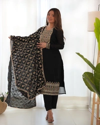 Azorte Fashion Buy Pure Vichitra Silk Kurta Set with Embroidered Dupatta – Elegant & Ready to Wear - Black, XXL (44)