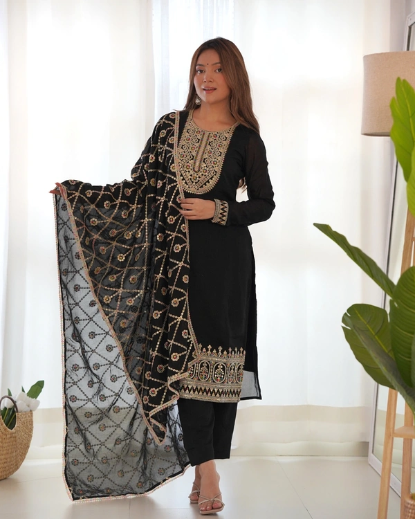 Azorte Fashion Buy Pure Vichitra Silk Kurta Set with Embroidered Dupatta – Elegant & Ready to Wear - Black, XXL (44)