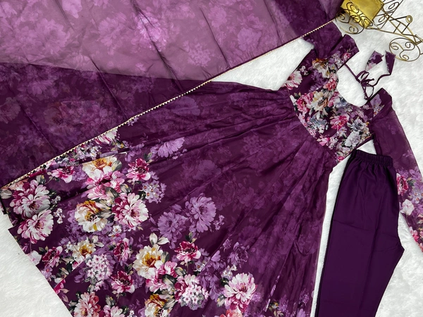 Azorte Fashion Elegant Organza Silk Kali-Cut Anarkali Set with Dupatta & Pant – Festive & Wedding Wear - Wine Berry, XXL (44)
