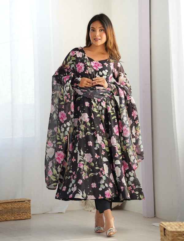 Azorte Fashion Buy Pure Organza Silk Kali-Cut Anarkali Set with Dupatta & Pant | Azorte Fashion - Black, XL (42)