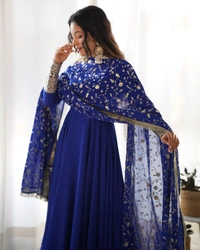 Azorte Fashion Luxury Georgette Anarkali Gown with Dupatta & Pant | 7+ Meters Flair | Fully Stitched Ethnic Set - Big Stone, M (38)