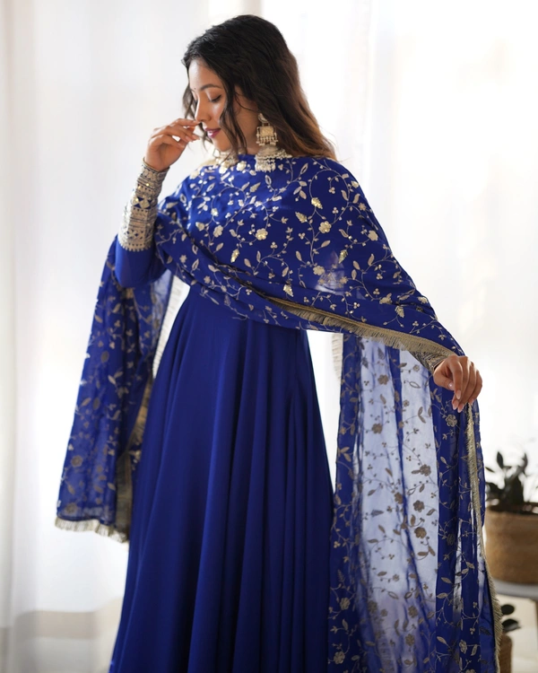 Azorte Fashion Luxury Georgette Anarkali Gown with Dupatta & Pant | 7+ Meters Flair | Fully Stitched Ethnic Set - Big Stone, M (38)