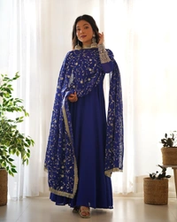 Azorte Fashion Luxury Georgette Anarkali Gown with Dupatta & Pant | 7+ Meters Flair | Fully Stitched Ethnic Set - Big Stone, M (38)