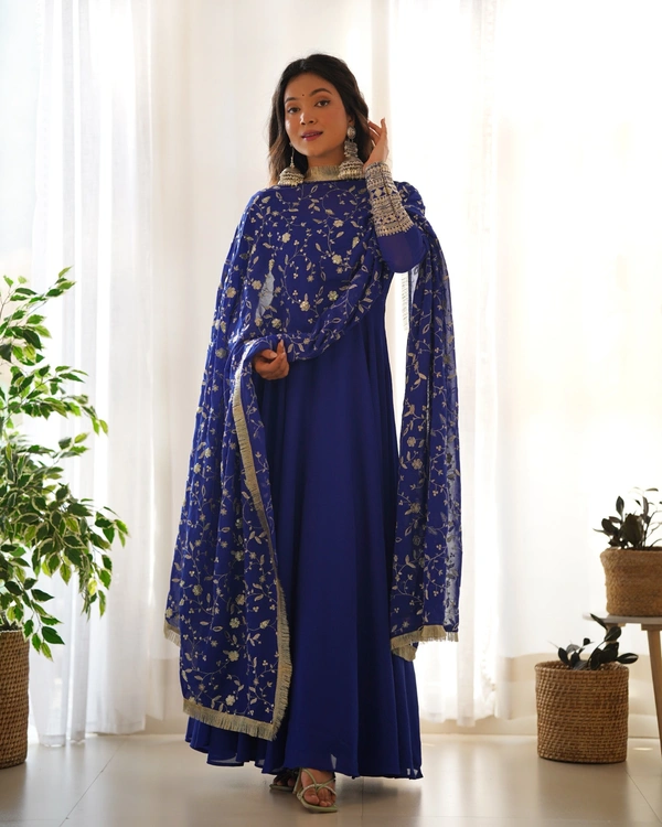 Azorte Fashion Luxury Georgette Anarkali Gown with Dupatta & Pant | 7+ Meters Flair | Fully Stitched Ethnic Set - Big Stone, M (38)