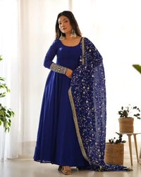 Azorte Fashion Luxury Georgette Anarkali Gown with Dupatta & Pant | 7+ Meters Flair | Fully Stitched Ethnic Set - Big Stone, M (38)