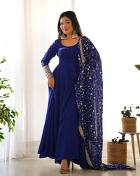 Azorte Fashion Luxury Georgette Anarkali Gown with Dupatta & Pant | 7+ Meters Flair | Fully Stitched Ethnic Set - Big Stone, M (38)