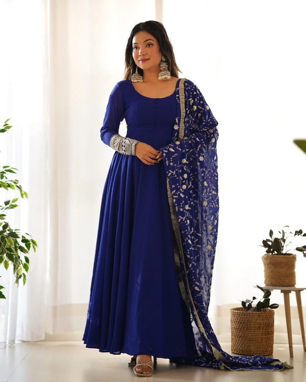 Azorte Fashion Luxury Georgette Anarkali Gown with Dupatta & Pant | 7+ Meters Flair | Fully Stitched Ethnic Set - Big Stone, M (38)
