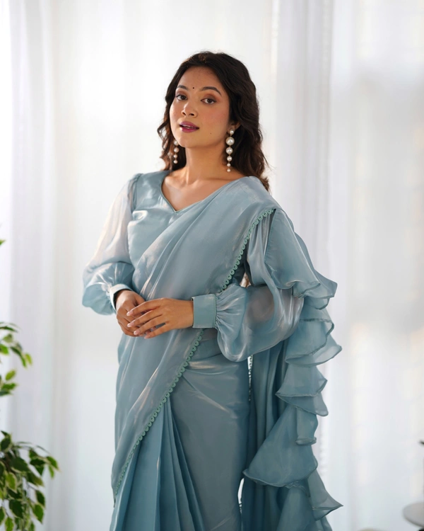 Azorte Fashion Premium Jimmy Choo Organza Pre-Draped Ruffle Saree – Ready-to-Wear with Stitched Blouse - Regent Gray, S (36), Stitched Blouse