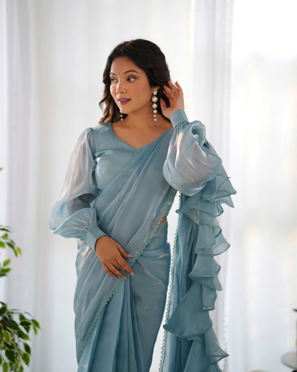 Azorte Fashion Premium Jimmy Choo Organza Pre-Draped Ruffle Saree – Ready-to-Wear with Stitched Blouse - Regent Gray, S (36), Stitched Blouse