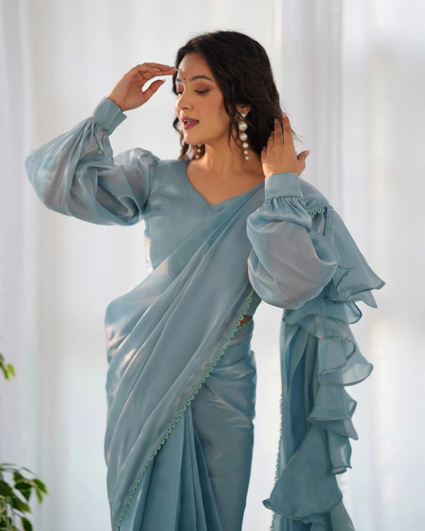 Azorte Fashion Premium Jimmy Choo Organza Pre-Draped Ruffle Saree – Ready-to-Wear with Stitched Blouse - Regent Gray, S (36), Stitched Blouse
