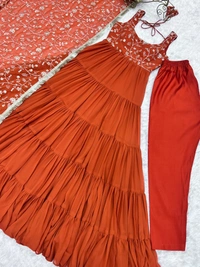 Azorte Fashion Luxury 12m Flair Fox Georgette Anarkali Set – Embroidered Dupatta & Stitched Pant - Red Mix, L (40)