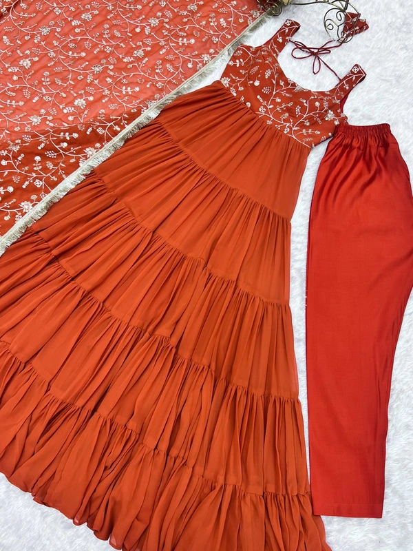 Azorte Fashion Luxury 12m Flair Fox Georgette Anarkali Set – Embroidered Dupatta & Stitched Pant - Red Mix, L (40)