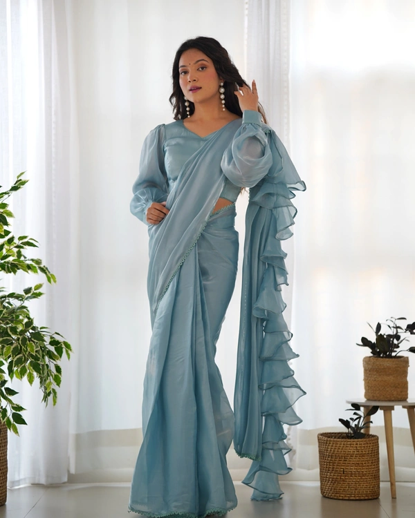 Azorte Fashion Premium Jimmy Choo Organza Pre-Draped Ruffle Saree – Ready-to-Wear with Stitched Blouse - Regent Gray, S (36), Stitched Blouse