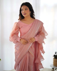 Azorte Fashion Premium Jimmy Choo Organza Pre-Draped Ruffle Saree – Ready-to-Wear with Stitched Blouse - Petite Orchid, XS (34), Stitched Blouse
