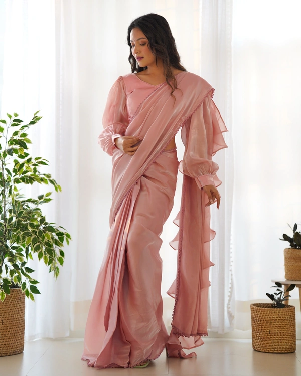 Azorte Fashion Premium Jimmy Choo Organza Pre-Draped Ruffle Saree – Ready-to-Wear with Stitched Blouse - Petite Orchid, XS (34), Stitched Blouse