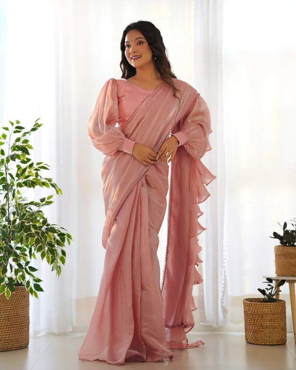 Azorte Fashion Premium Jimmy Choo Organza Pre-Draped Ruffle Saree – Ready-to-Wear with Stitched Blouse - Petite Orchid, XS (34), Stitched Blouse