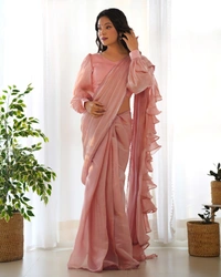 Azorte Fashion Premium Jimmy Choo Organza Pre-Draped Ruffle Saree – Ready-to-Wear with Stitched Blouse - Petite Orchid, XS (34), Stitched Blouse