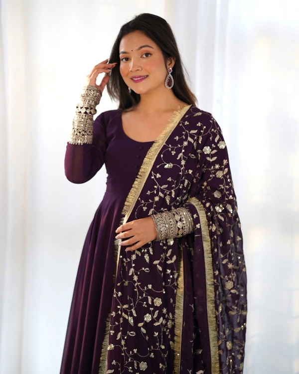 Azorte Fashion Luxury Georgette Anarkali Gown with Dupatta & Pant | 7+ Meters Flair | Fully Stitched Ethnic Set - Revolver, XS (34)