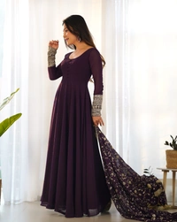 Azorte Fashion Luxury Georgette Anarkali Gown with Dupatta & Pant | 7+ Meters Flair | Fully Stitched Ethnic Set - Revolver, XS (34)