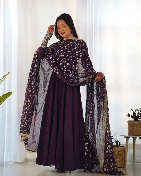 Azorte Fashion Luxury Georgette Anarkali Gown with Dupatta & Pant | 7+ Meters Flair | Fully Stitched Ethnic Set - Revolver, XS (34)