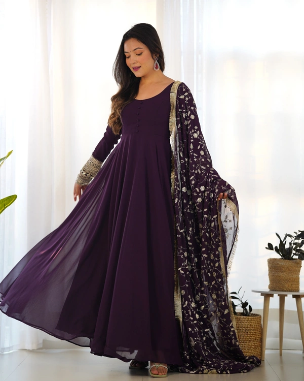 Azorte Fashion Luxury Georgette Anarkali Gown with Dupatta & Pant | 7+ Meters Flair | Fully Stitched Ethnic Set - Revolver, XS (34)