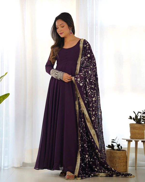 Azorte Fashion Luxury Georgette Anarkali Gown with Dupatta & Pant | 7+ Meters Flair | Fully Stitched Ethnic Set - Revolver, XS (34)