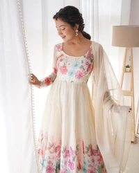 Azorte Fashion Buy Elegant Organza Silk Anarkali Set with Handwork – Dupatta & Pants Included - Cream, XL (42)