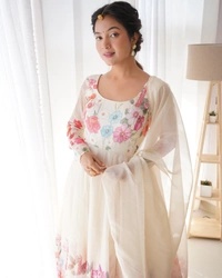 Azorte Fashion Buy Elegant Organza Silk Anarkali Set with Handwork – Dupatta & Pants Included - Cream, XL (42)