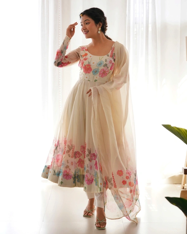 Azorte Fashion Buy Elegant Organza Silk Anarkali Set with Handwork – Dupatta & Pants Included - Cream, XL (42)