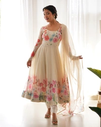 Azorte Fashion Buy Elegant Organza Silk Anarkali Set with Handwork – Dupatta & Pants Included - Cream, XL (42)