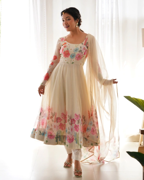 Azorte Fashion Buy Elegant Organza Silk Anarkali Set with Handwork – Dupatta & Pants Included - Cream, XL (42)