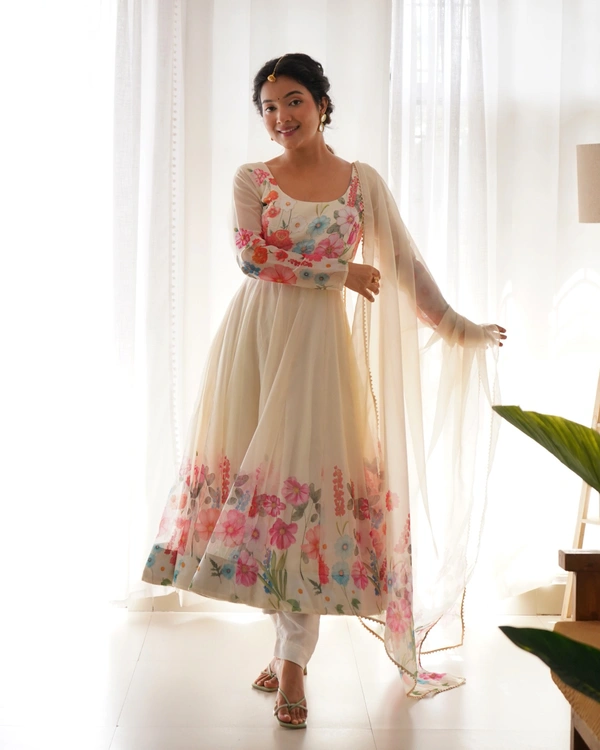 Azorte Fashion Buy Elegant Organza Silk Anarkali Set with Handwork – Dupatta & Pants Included - Cream, XL (42)