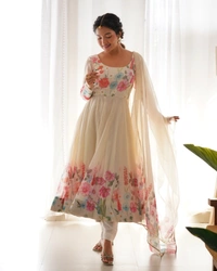 Azorte Fashion Buy Elegant Organza Silk Anarkali Set with Handwork – Dupatta & Pants Included - Cream, XL (42)