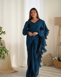 Azorte Fashion Premium Jimmy Choo Organza Pre-Draped Ruffle Saree – Ready-to-Wear with Stitched Blouse - Wol, L (40), Stitched Blouse