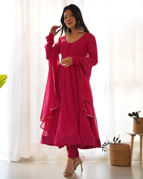 Azorte Fashion remium Pure Fox Georgette Laheriya Anarkali Set – 4m Flair, Dupatta & Pant  - Shiraz, M (38)