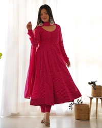 Azorte Fashion remium Pure Fox Georgette Laheriya Anarkali Set – 4m Flair, Dupatta & Pant  - Shiraz, M (38)