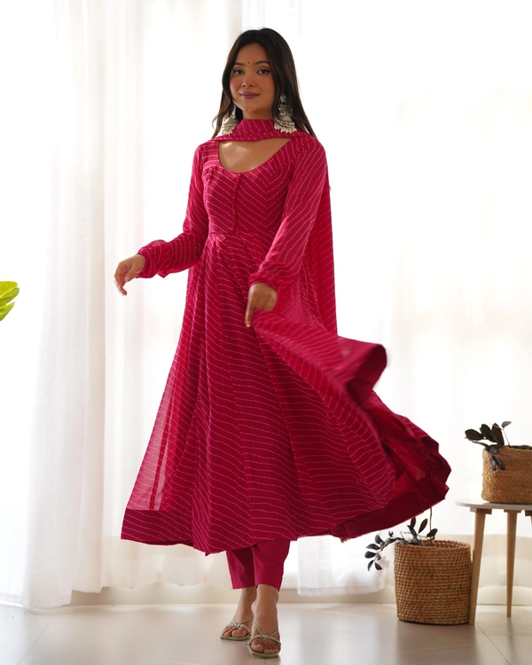 Azorte Fashion remium Pure Fox Georgette Laheriya Anarkali Set – 4m Flair, Dupatta & Pant  - Shiraz, M (38)