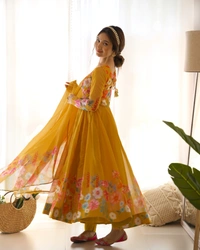 Azorte Fashion Buy Elegant Organza Silk Anarkali Set with Handwork – Dupatta & Pants Included - Alpine, M (38)