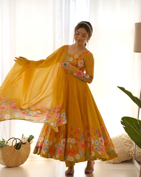 Azorte Fashion Buy Elegant Organza Silk Anarkali Set with Handwork – Dupatta & Pants Included - Alpine, M (38)
