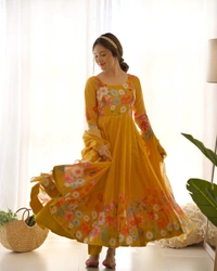 Azorte Fashion Buy Elegant Organza Silk Anarkali Set with Handwork – Dupatta & Pants Included - Alpine, M (38)