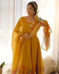 Azorte Fashion Buy Elegant Organza Silk Anarkali Set with Handwork – Dupatta & Pants Included - Alpine, M (38)