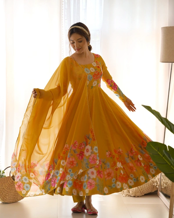 Azorte Fashion Buy Elegant Organza Silk Anarkali Set with Handwork – Dupatta & Pants Included - Alpine, M (38)