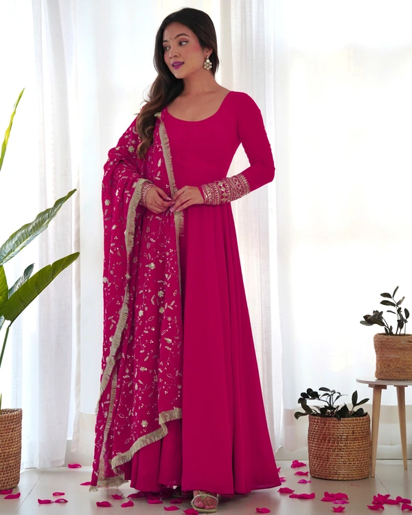 Azorte Fashion Luxury Georgette Anarkali Gown with Dupatta & Pant | 7+ Meters Flair | Fully Stitched Ethnic Set - Shiraz, S (36)