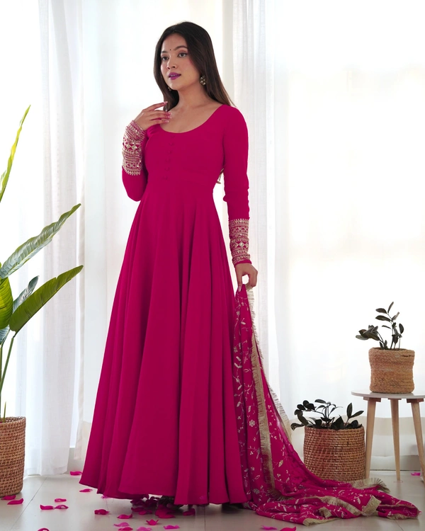 Azorte Fashion Luxury Georgette Anarkali Gown with Dupatta & Pant | 7+ Meters Flair | Fully Stitched Ethnic Set - Shiraz, S (36)