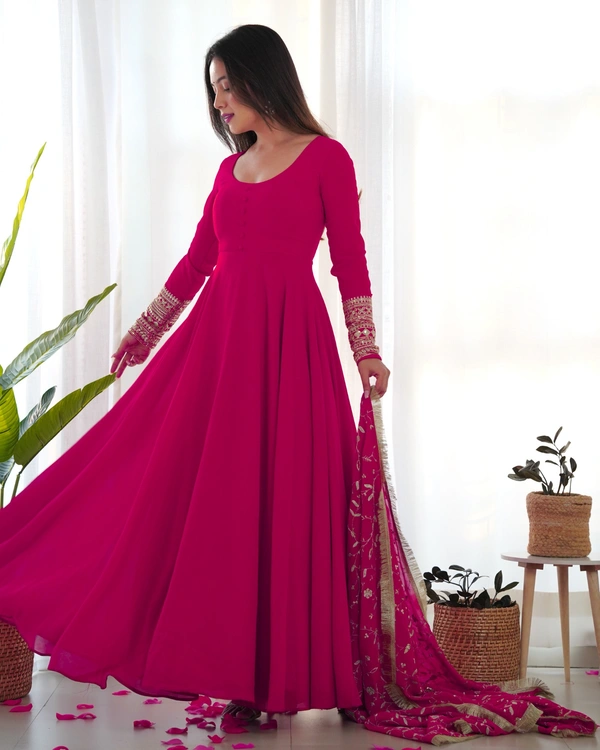 Azorte Fashion Luxury Georgette Anarkali Gown with Dupatta & Pant | 7+ Meters Flair | Fully Stitched Ethnic Set - Shiraz, S (36)