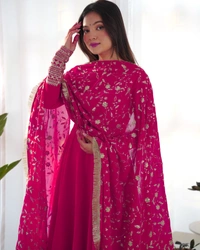 Azorte Fashion Luxury Georgette Anarkali Gown with Dupatta & Pant | 7+ Meters Flair | Fully Stitched Ethnic Set - Shiraz, S (36)