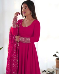 Azorte Fashion Luxury Georgette Anarkali Gown with Dupatta & Pant | 7+ Meters Flair | Fully Stitched Ethnic Set - Shiraz, S (36)