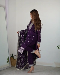 Azorte Fashion Buy Pure Vichitra Silk Kurta Set with Embroidered Dupatta & Trousers | Azorte Fashion - Purple, M (38)